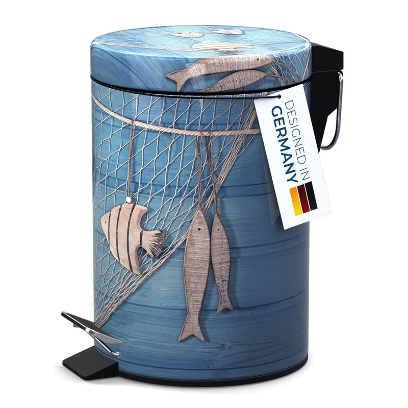 Sanilo Small Bathroom Trash Can with Lid [1.3 Gallon] - Lidded Tiny Trashcan for Garbage - Mini Metal Bin with Soft Closing Mechanism - Bath Room Accessoire Wastebin with Inner Bucket (Seafaring) - Image 2